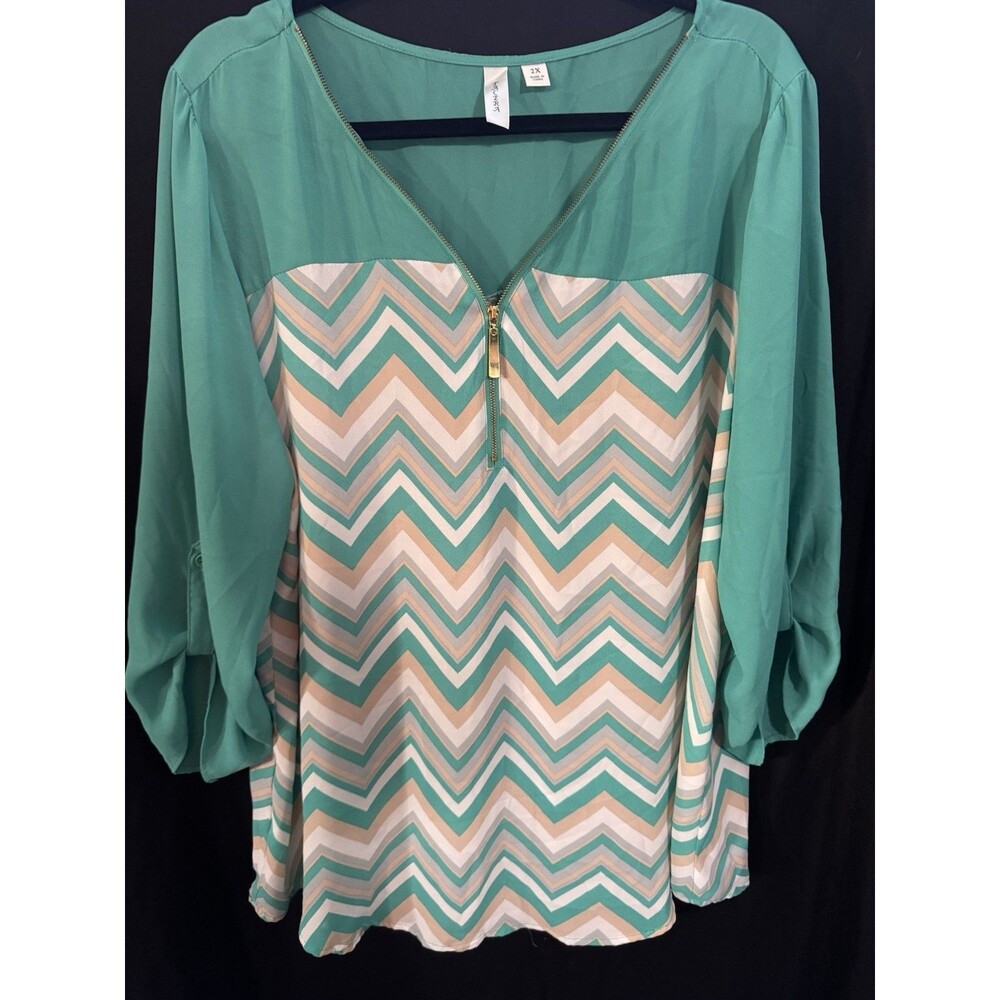 Tacera Green White Beige Chevron V-Neck Zip Front 3/4 Sleeve Blouse 2X
